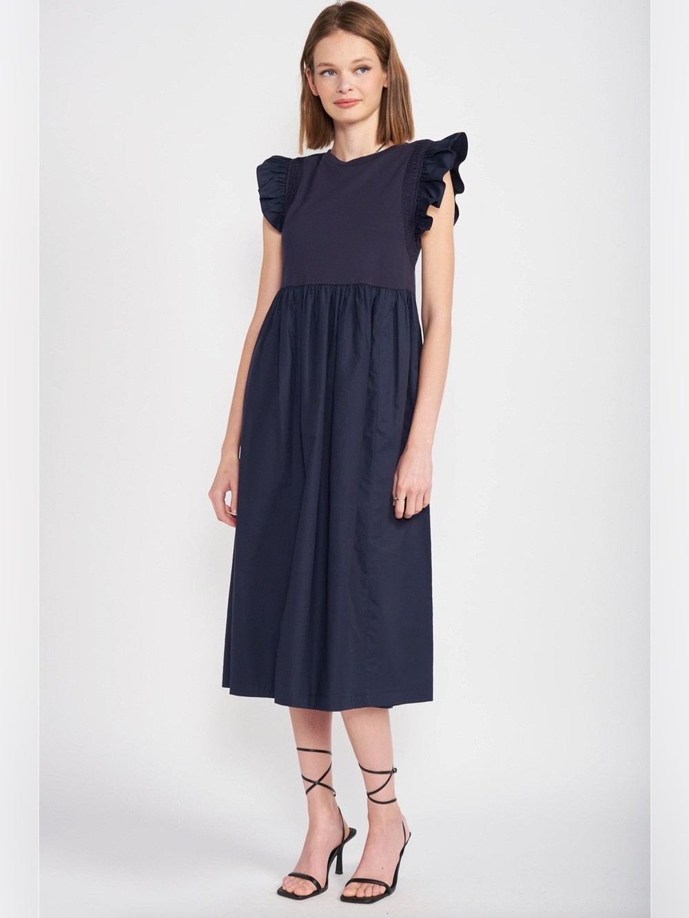 En Saison 100% Cotton Navy Flutter Sleeve Midi Dress